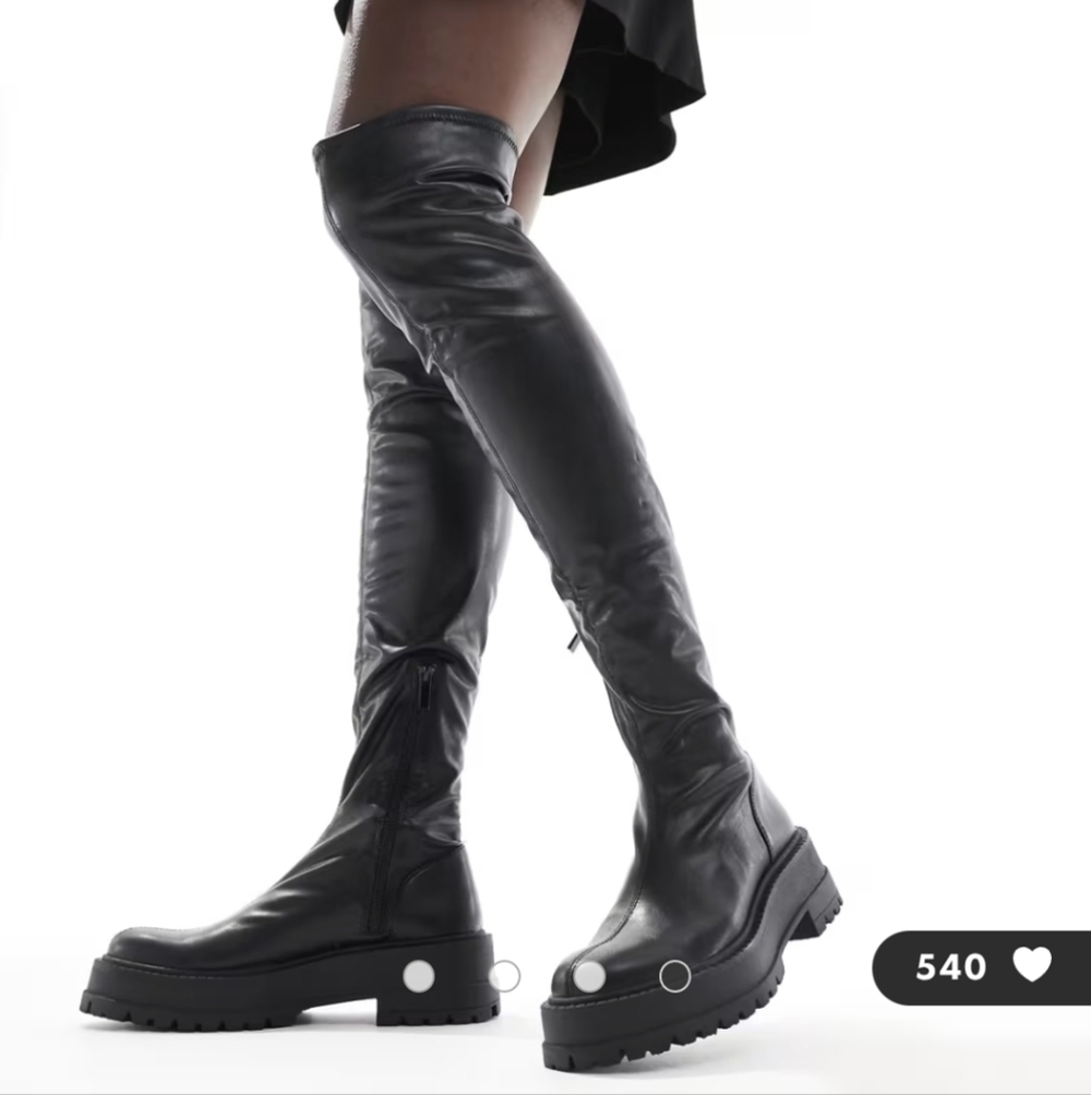 ASOS Stradivarius Black Over-the-Knee Stretch Boots Vegan Lug Goth 38 7.5/8